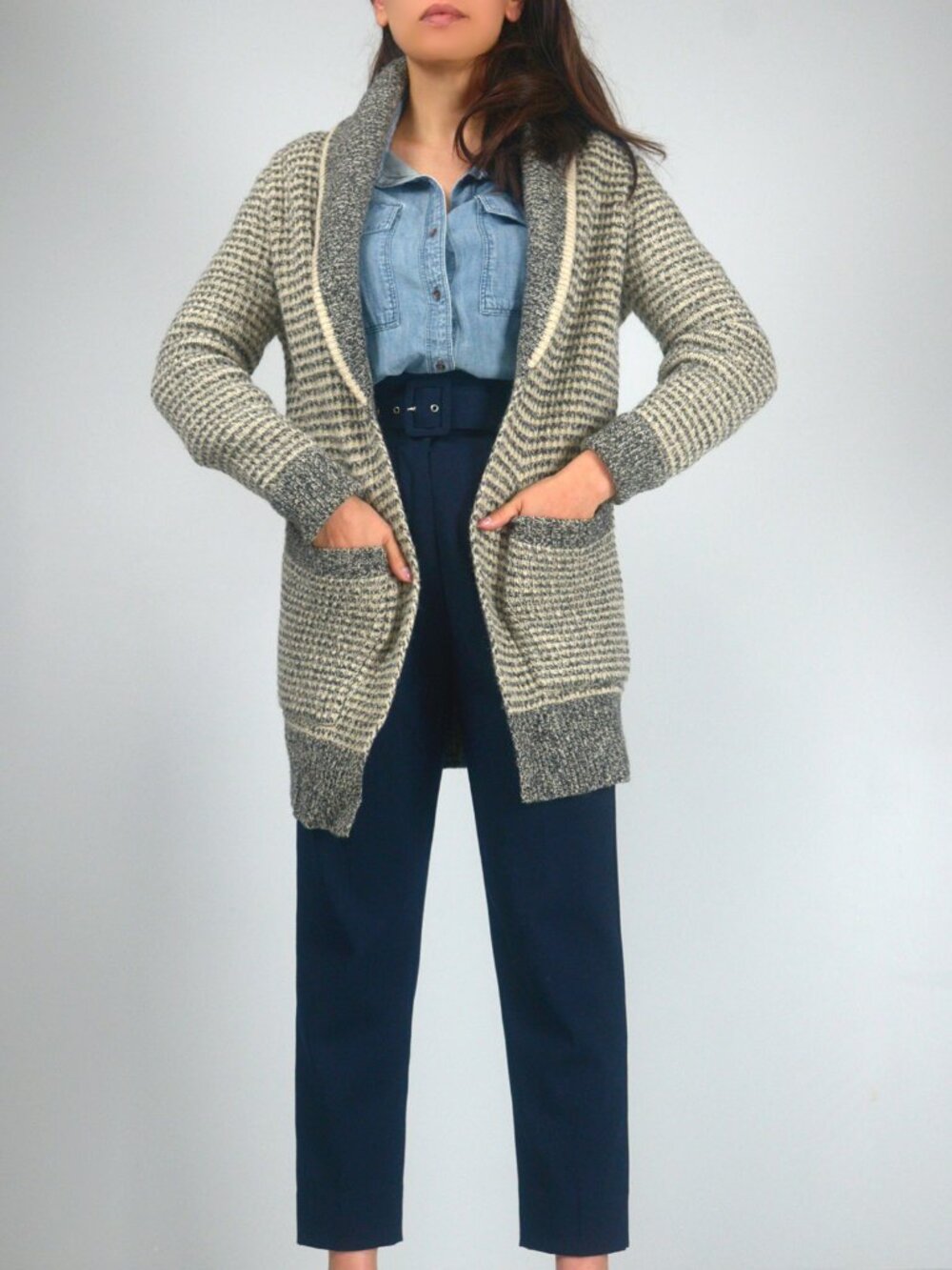 Roots Long Striped Shawl Collar Cardigan with Pockets, Cream & Grey Knit, sz XS
